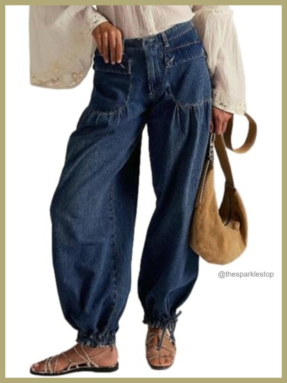 Women's Baggy Wide Leg Jeans Lotus Fold Pleated Drawstring Hem